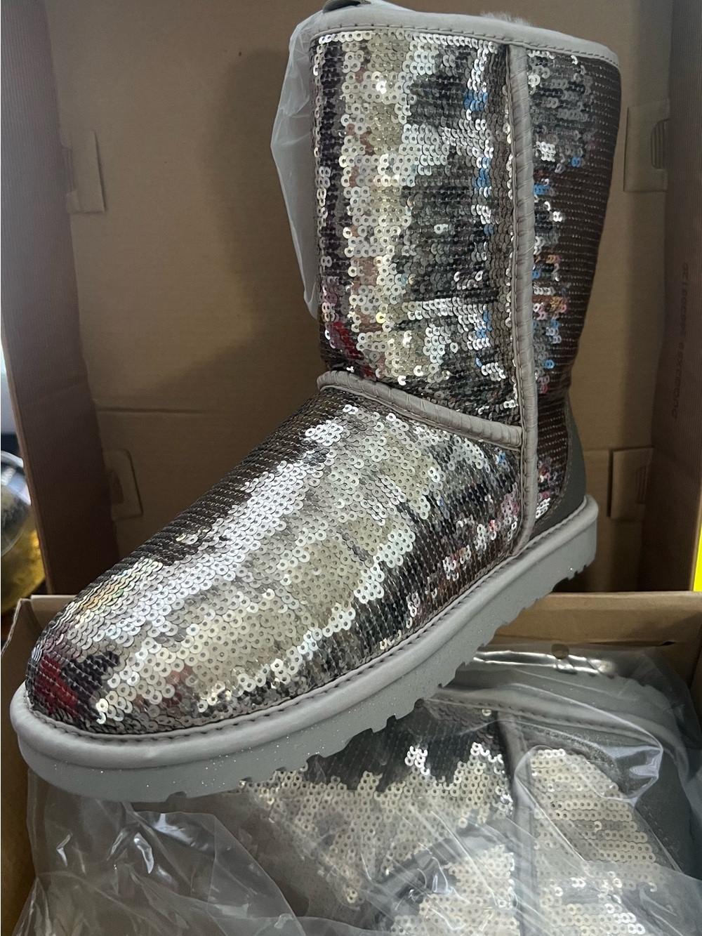 RARE UGG Classic Short Sequin Silver Glitter Boots Size 8 NEW IN BOX